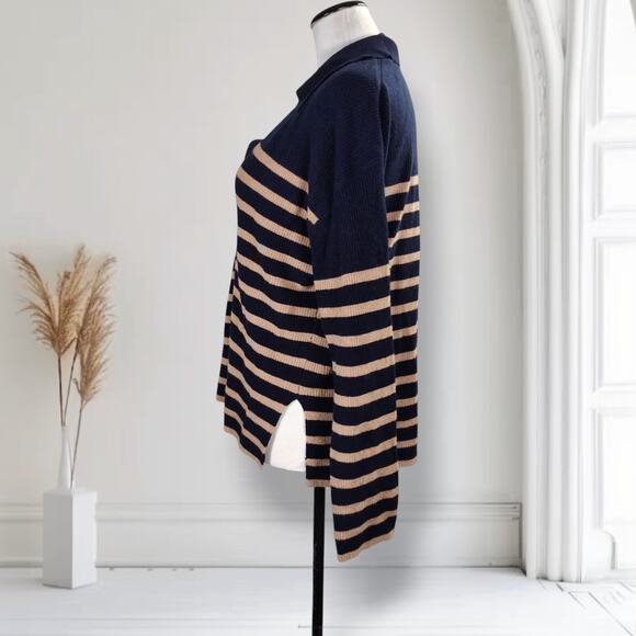 Rails Harris Merino Blend Sweater Size M Camel Navy Stripe Collared Neckline - Picture 5 of 12